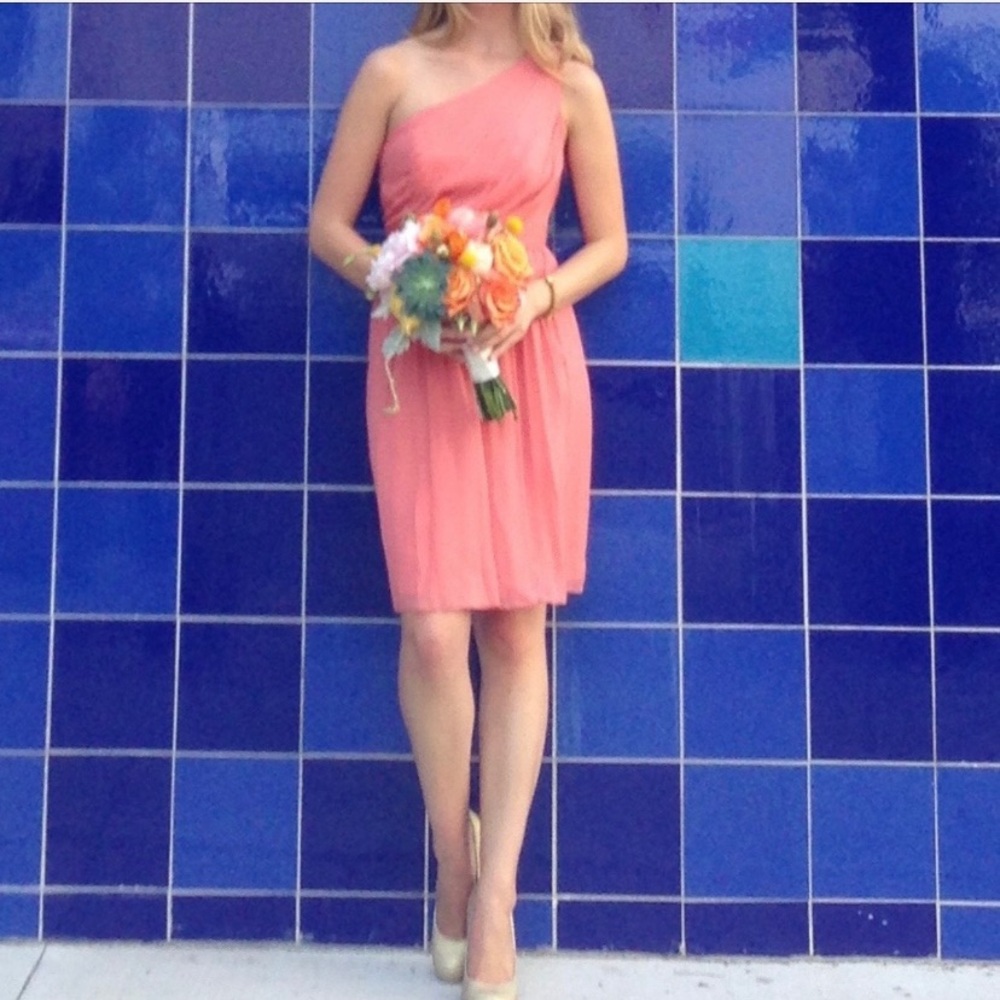 J crew one shoulder chiffon coral dress